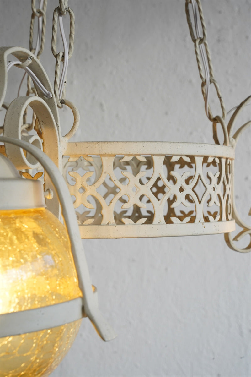 60-70s 3-light amber glass x iron chandelier vintage