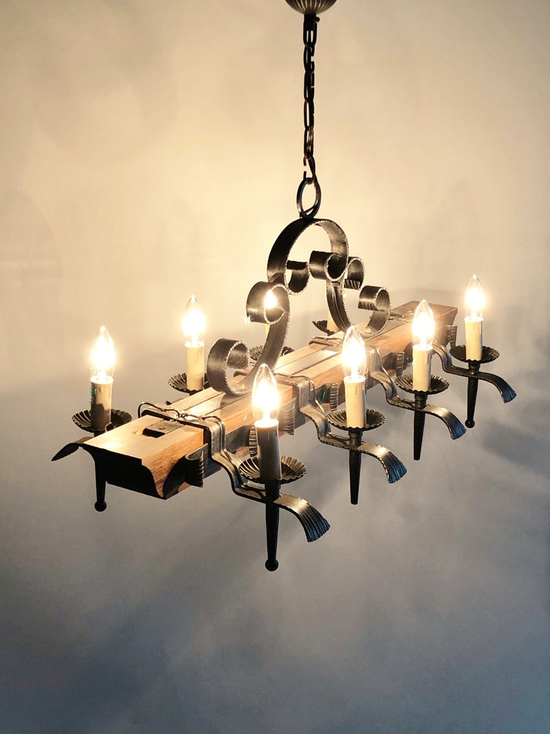 vintage<br> 8-light solid teak wood x iron chandelier Yamato store