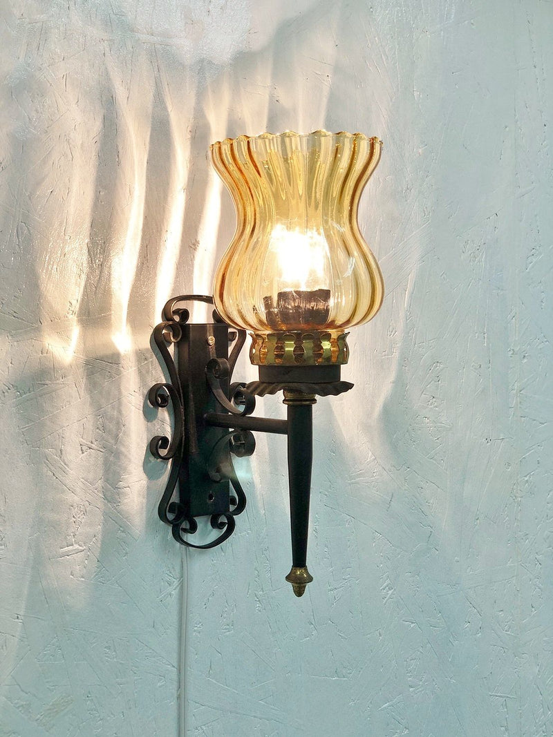 vintage  <br>Wrought iron x amber glass bracket lamp Sendagaya store <br>