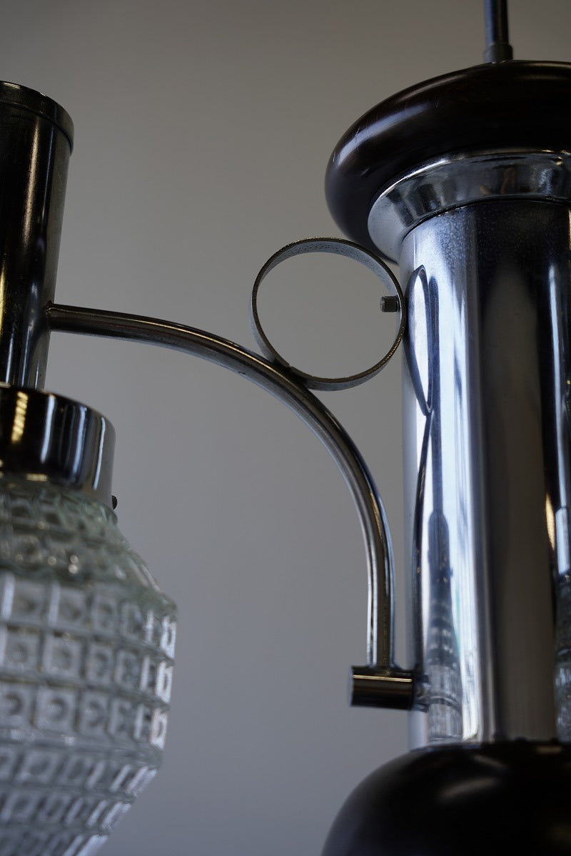 vintage<br> Chrome x Wood 3-light cutting glass chandelier Sendagaya store