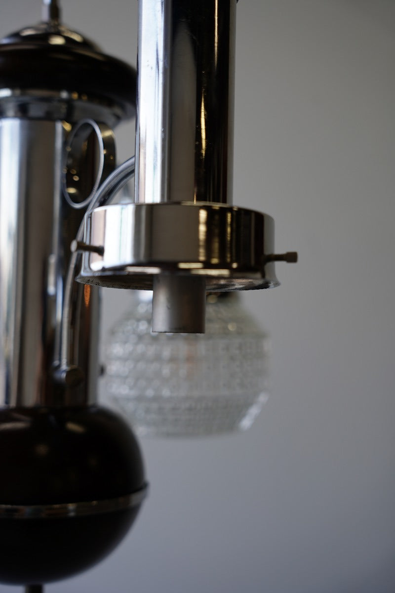 vintage<br> Chrome x Wood 3-light cutting glass chandelier Sendagaya store