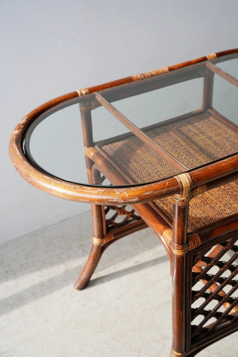 rattan glass top table<br> vintage<br> Yamato store
