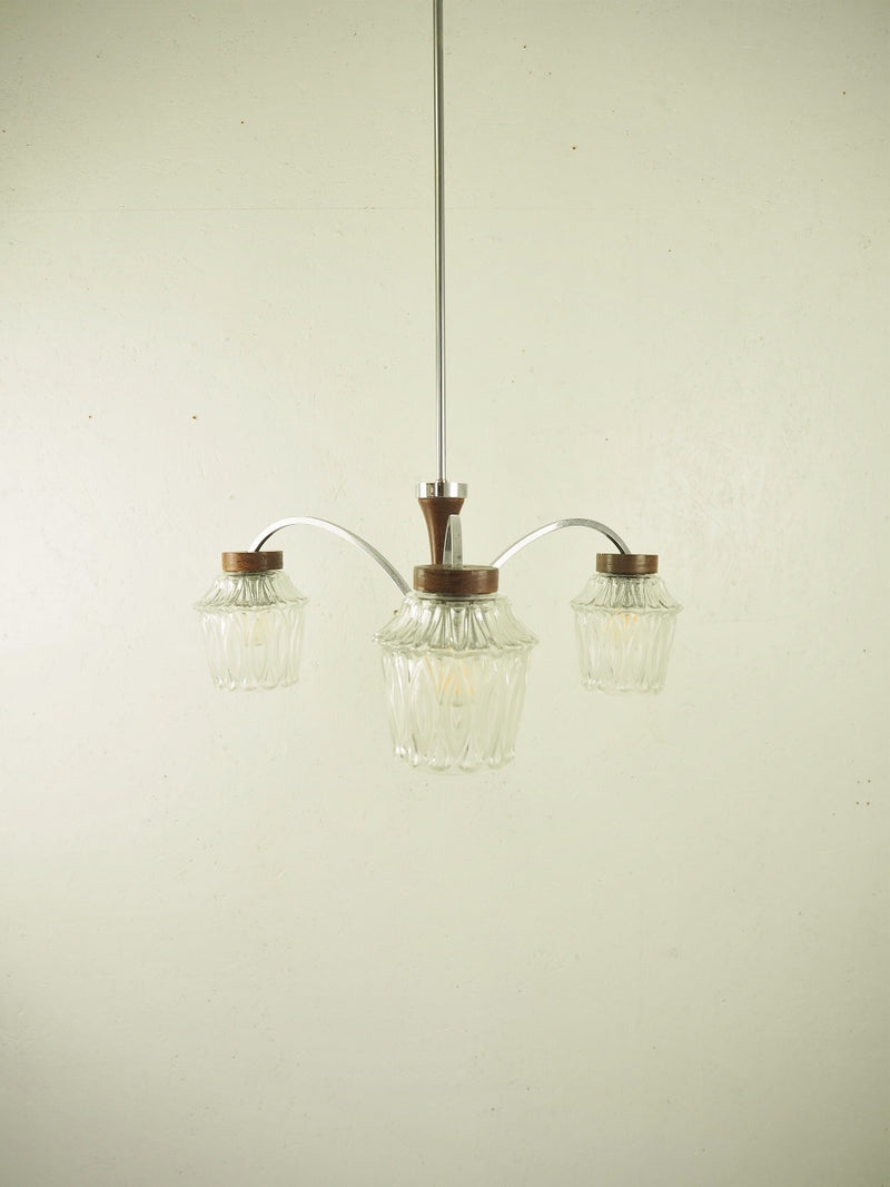 vintage<br> 3-light glass x iron x wood chandelier Sendagaya store