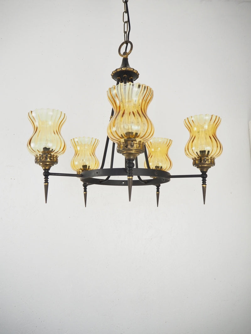Vintage 5-light amber glass iron chandelier (Haneda store) PLCH-210524-2-H