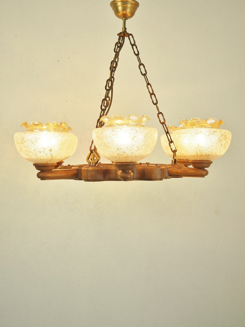 vintage<br> 5-light solid oak wood x amber glass chandelier<br> Haneda store