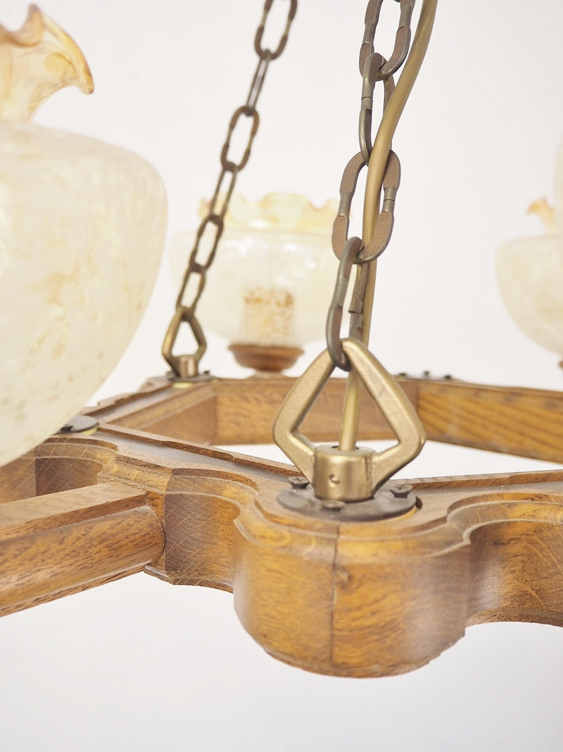 vintage<br> 5-light solid oak wood x amber glass chandelier<br> Haneda store