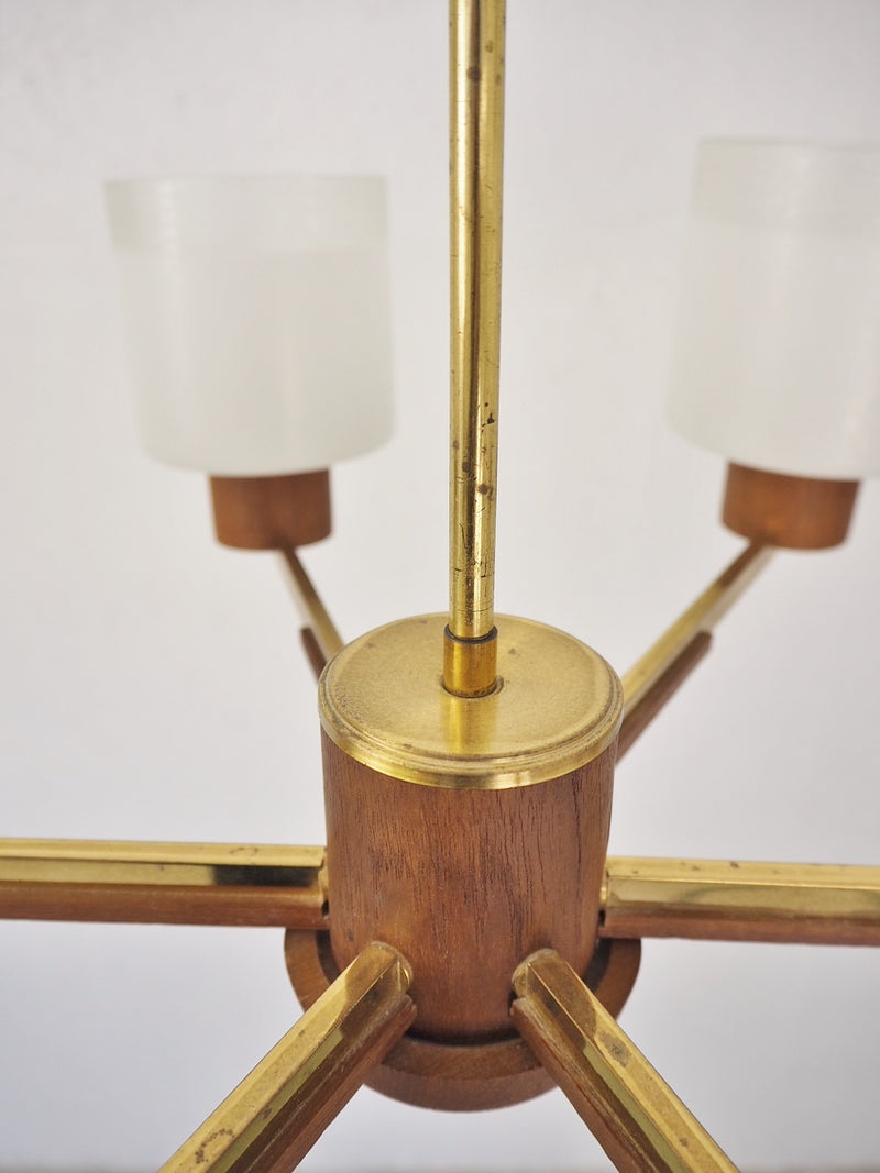 vintage<br> 6-light frosted glass x teak wood chandelier<br>