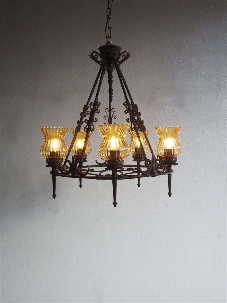 Vintage 5-light amber glass x iron chandelier (Osaka store)