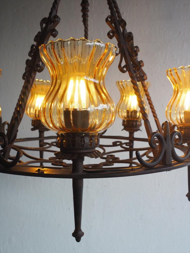 Vintage 5-light amber glass x iron chandelier (Osaka store)