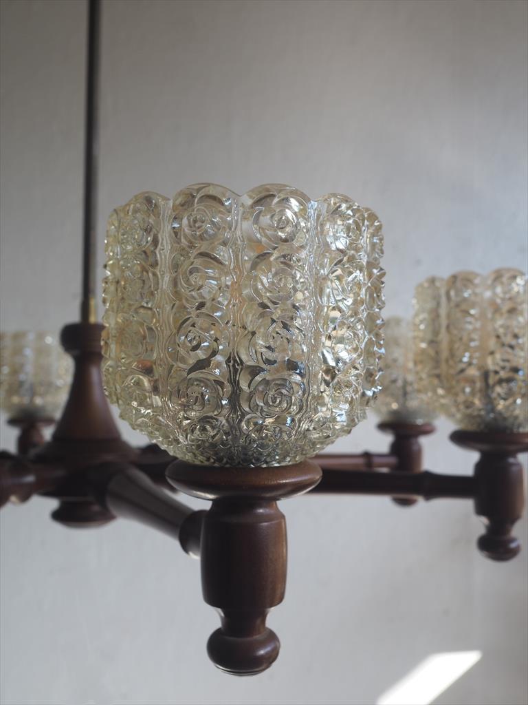 Vintage 8-light design glass x wood chandelier Osaka store