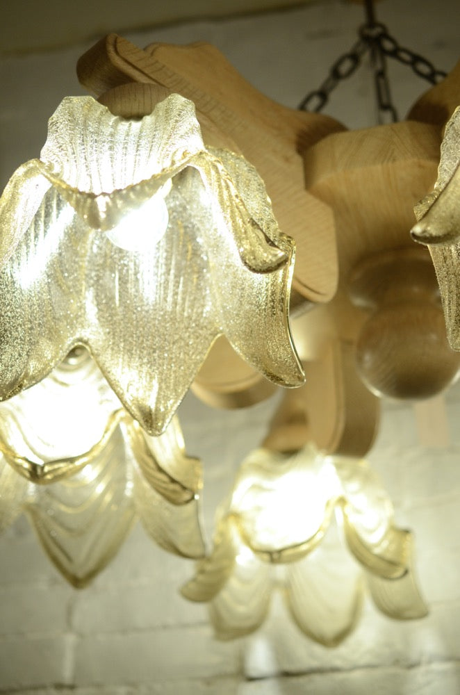 Vintage 6-light wood x glass chandelier Yamato store<br> HOLD~until 5/9
