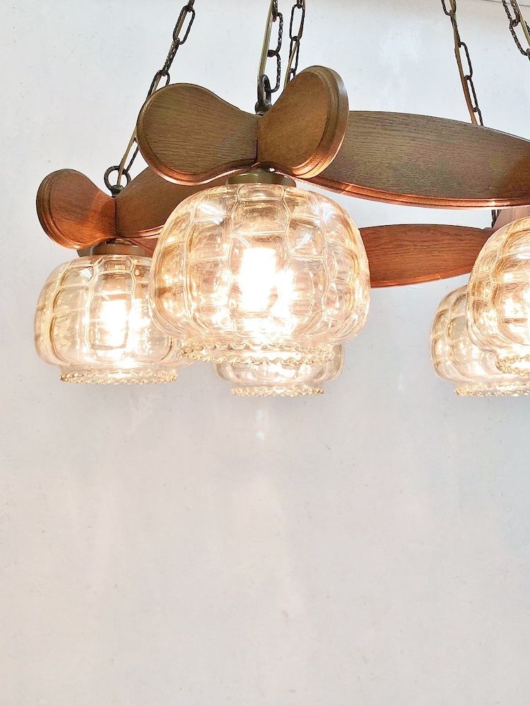 vintage<br> 5-light solid oak wood x amber glass pendant lamp<br> Yamato store HOLD