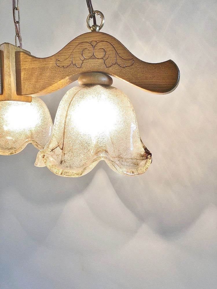 vintage<br> 3-light solid oak wood x glass chandelier Yamato store